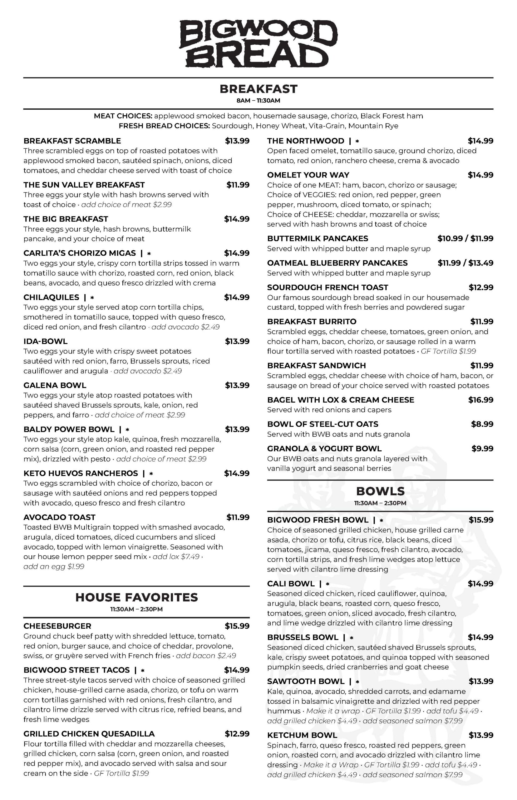 Bigwood Bread Menu | Sun Valley Idaho