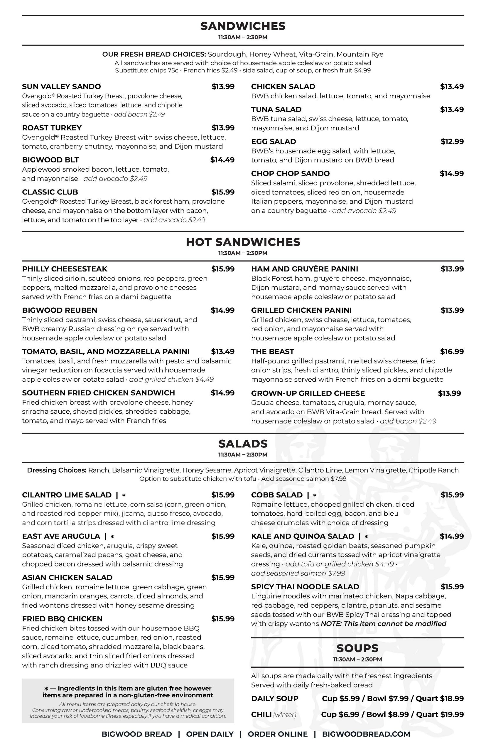 Bigwood Bread Menu page 2| Sun Valley Idaho