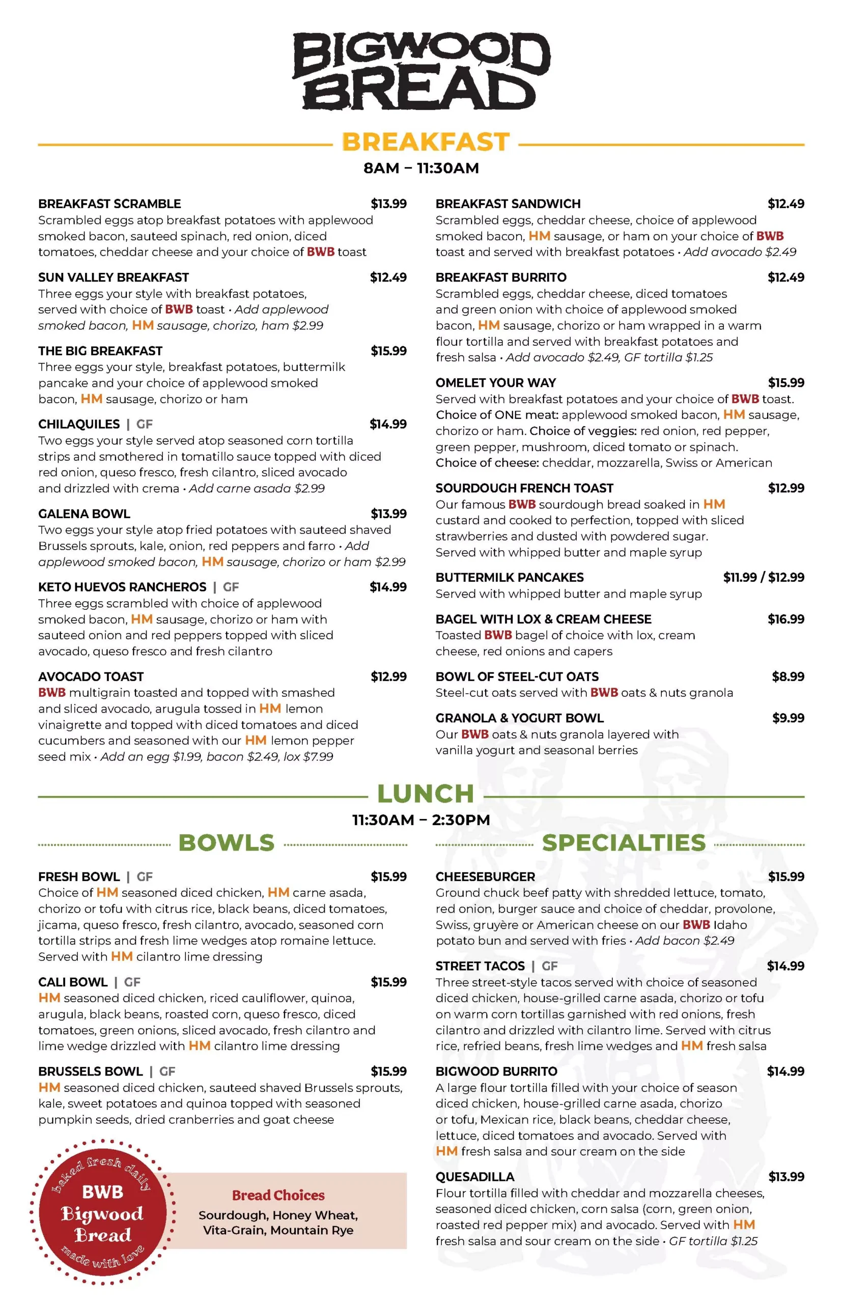 Big Wood Bread Menu page 1