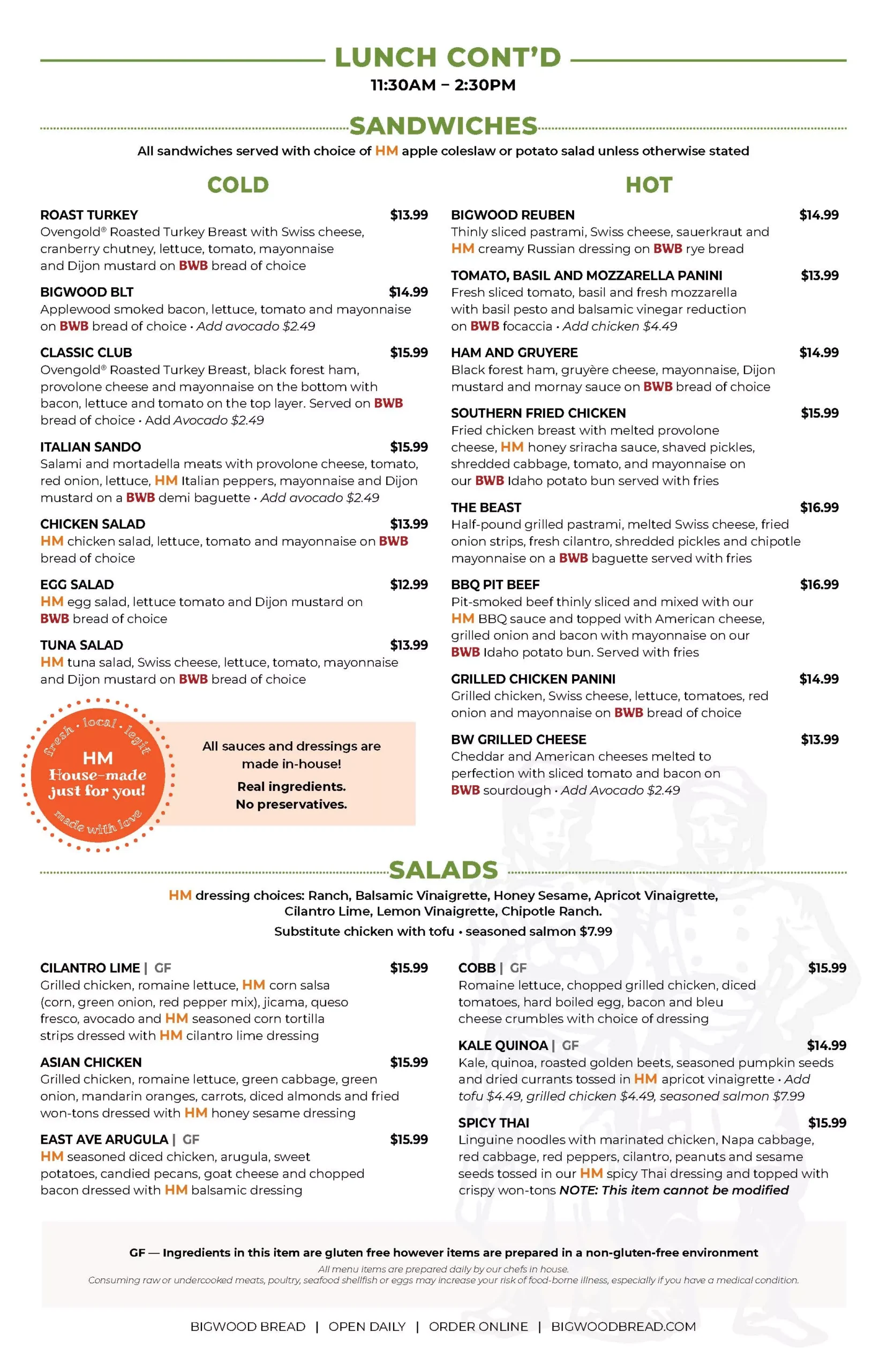 Big Wood Bread Menu page 2