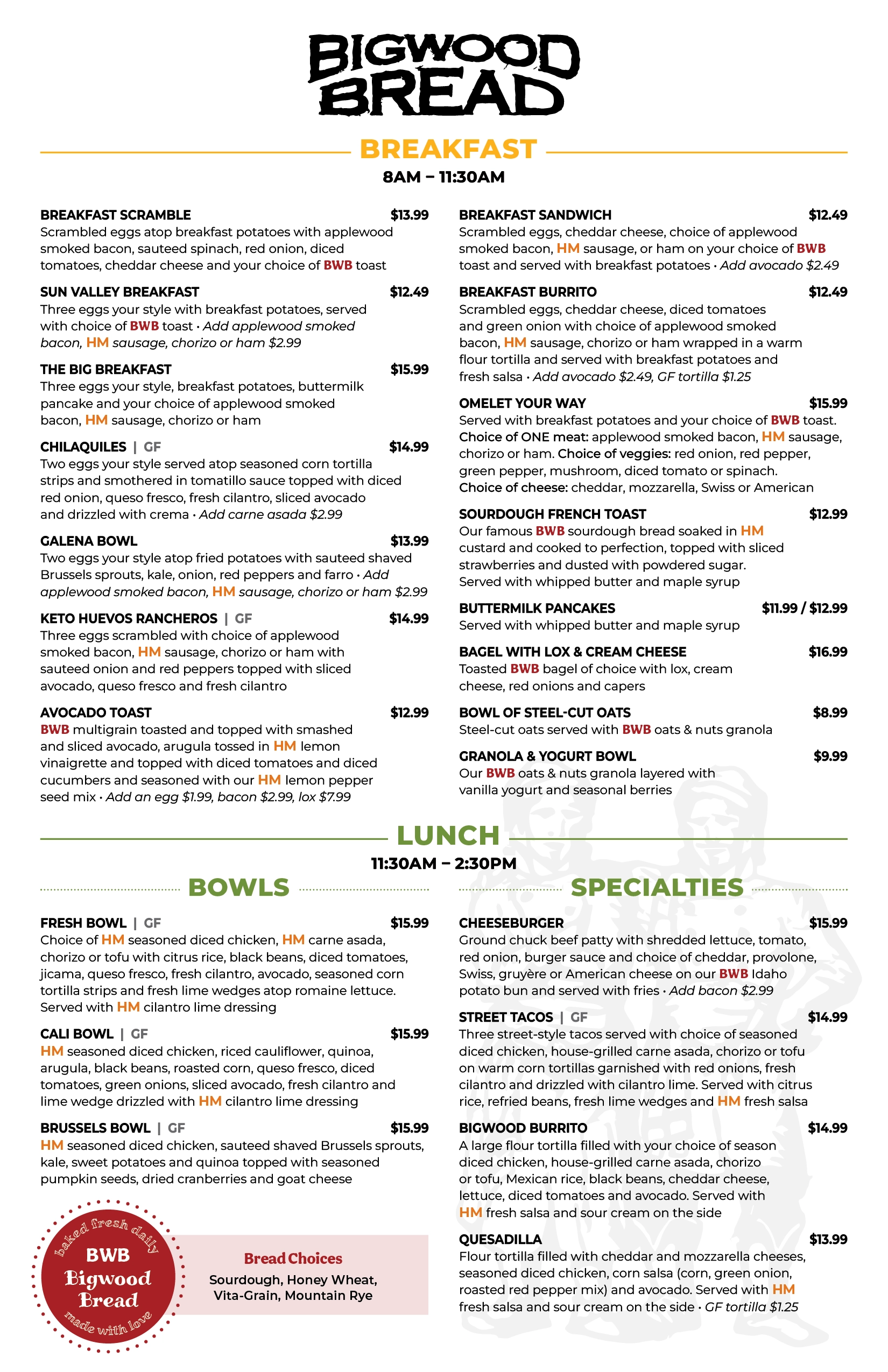Big Wood Bread Menu page 1