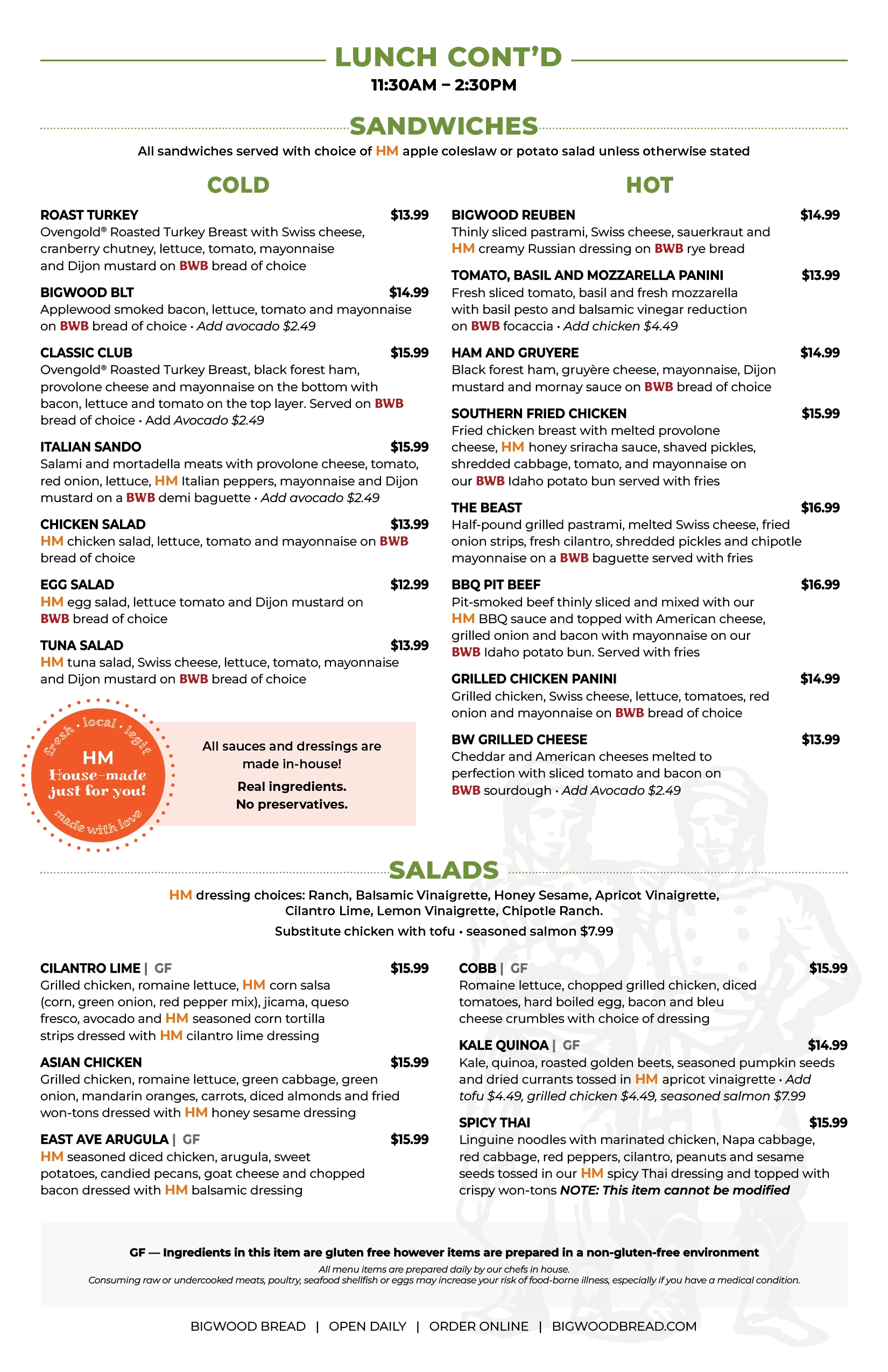 Big Wood Bread Menu page 2