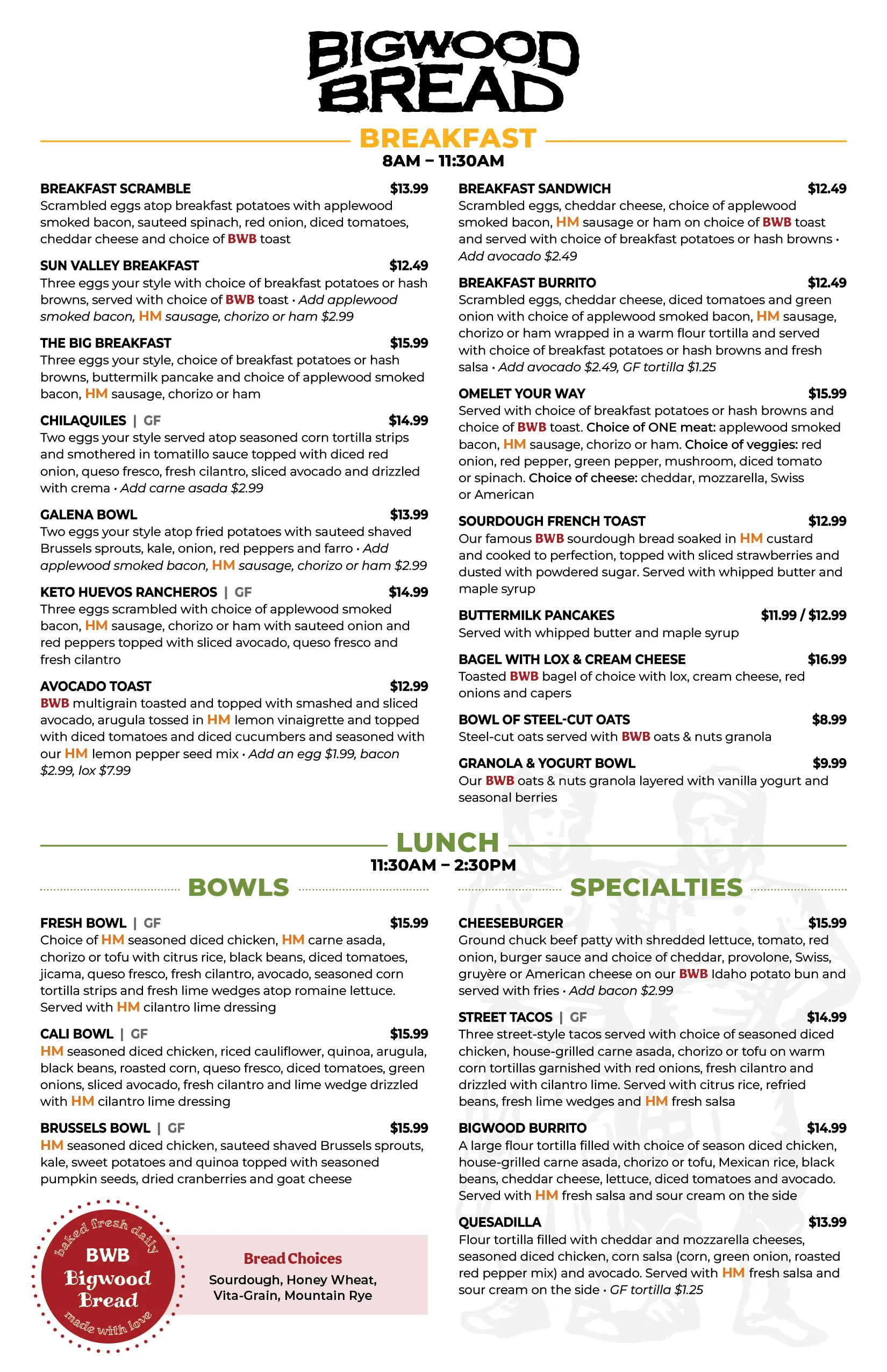 Big Wood Bread Menu page 1