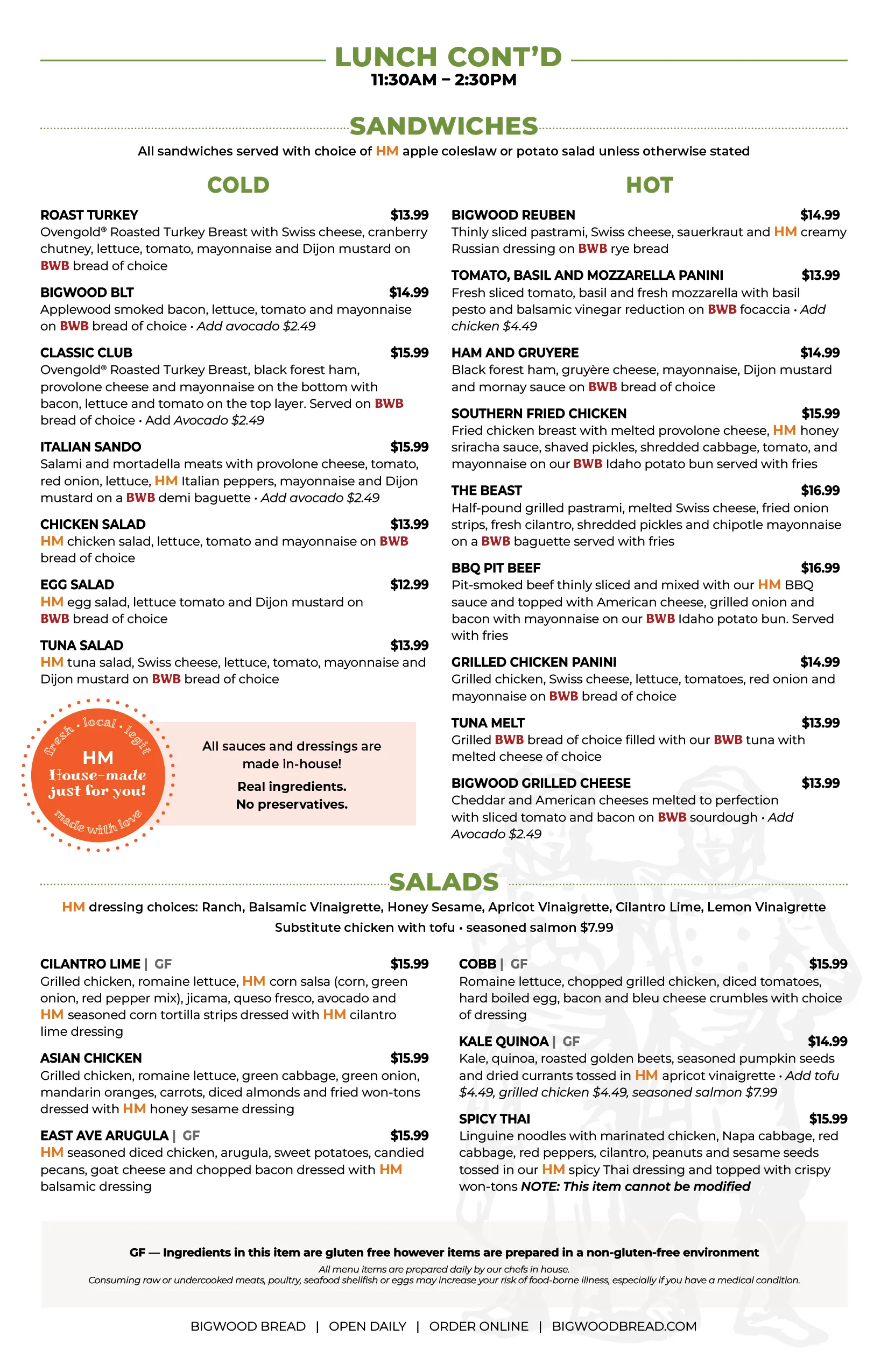 Big Wood Bread Menu page 2